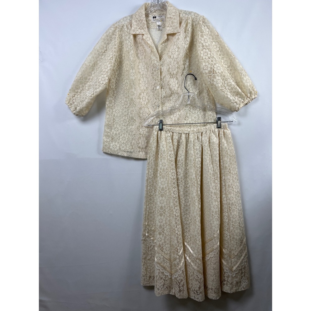 Vtg Carefree Fashions Skirt Top Set Women M Cream Lace Puff Sleeve Arizona USA